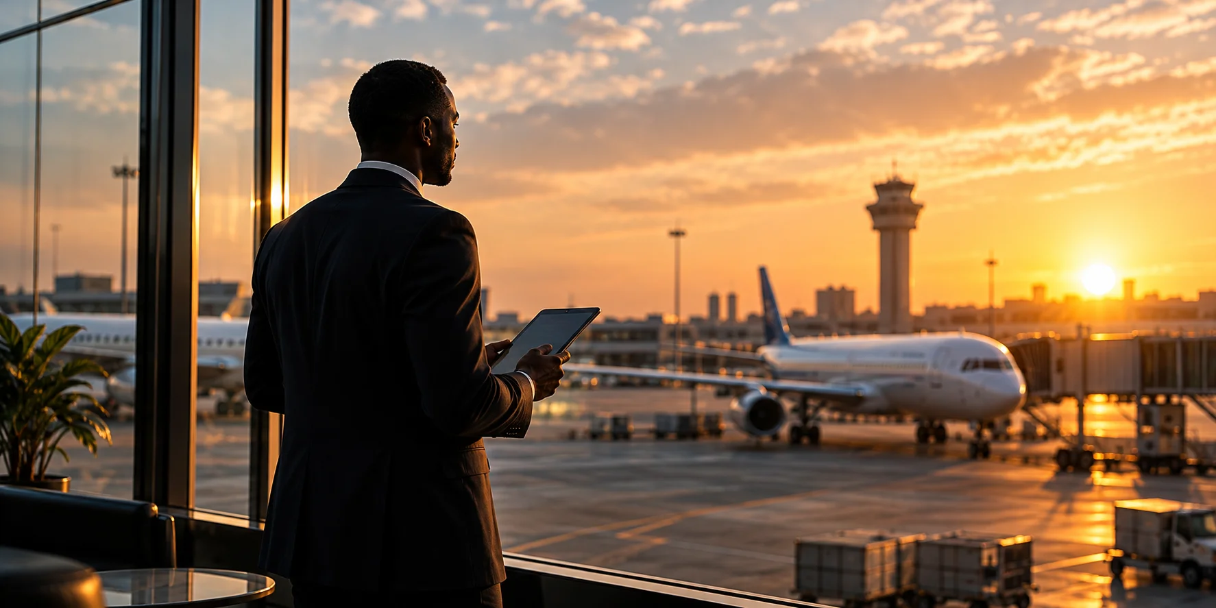 Executive with a tablet overlooking an airport apron at sunset