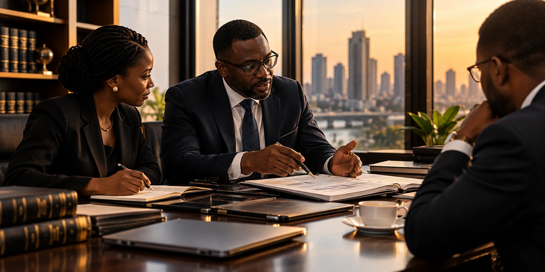 Legal team in a strategy meeting at golden hour, with the city skyline behind