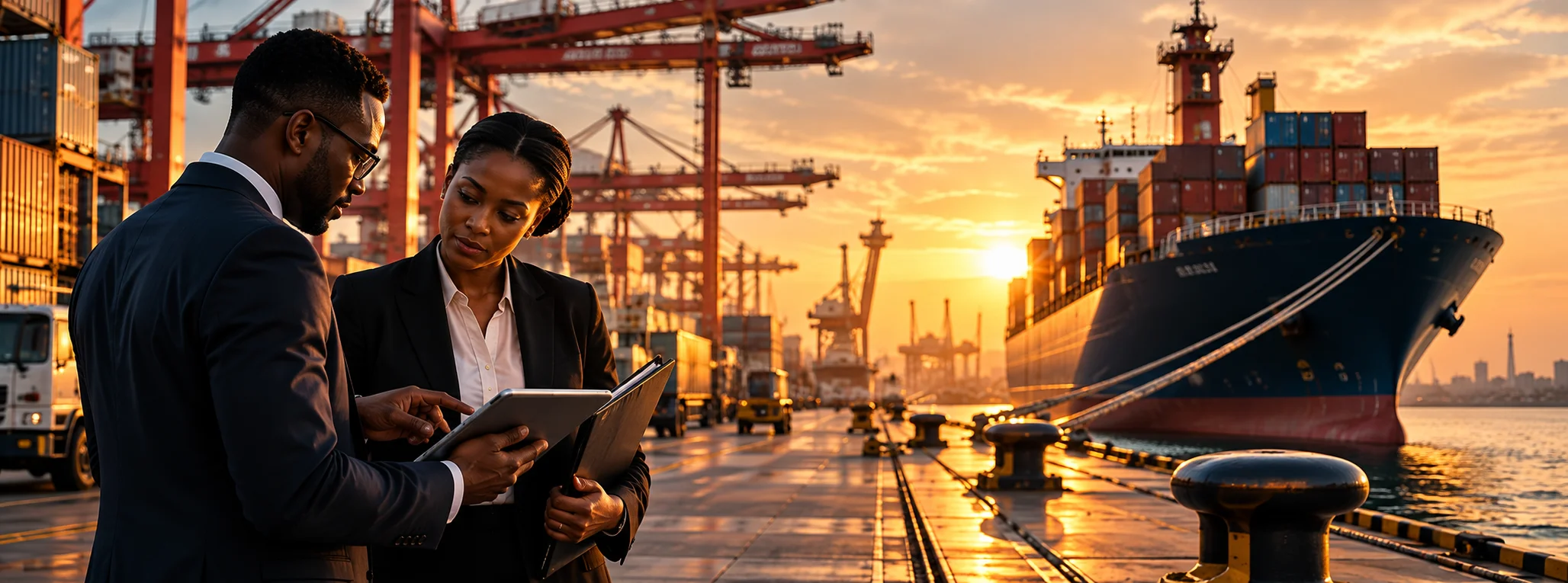 Two professionals reviewing a tablet at a container port at golden hour
