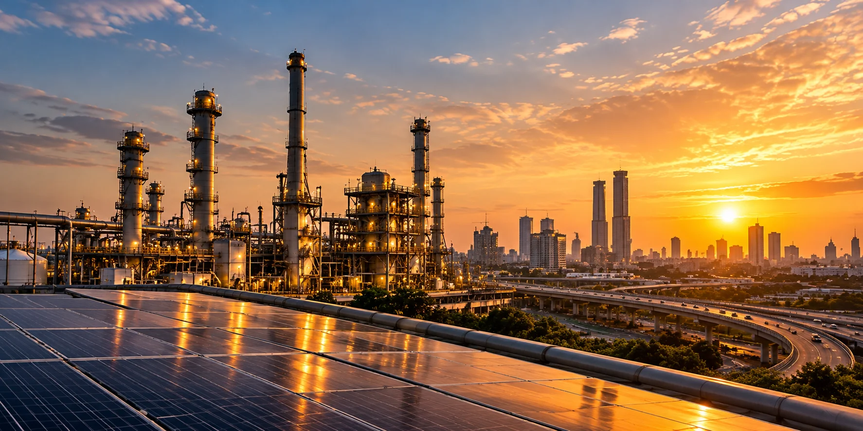 Energy facility, solar panels and an elevated expressway against a city skyline at golden hour