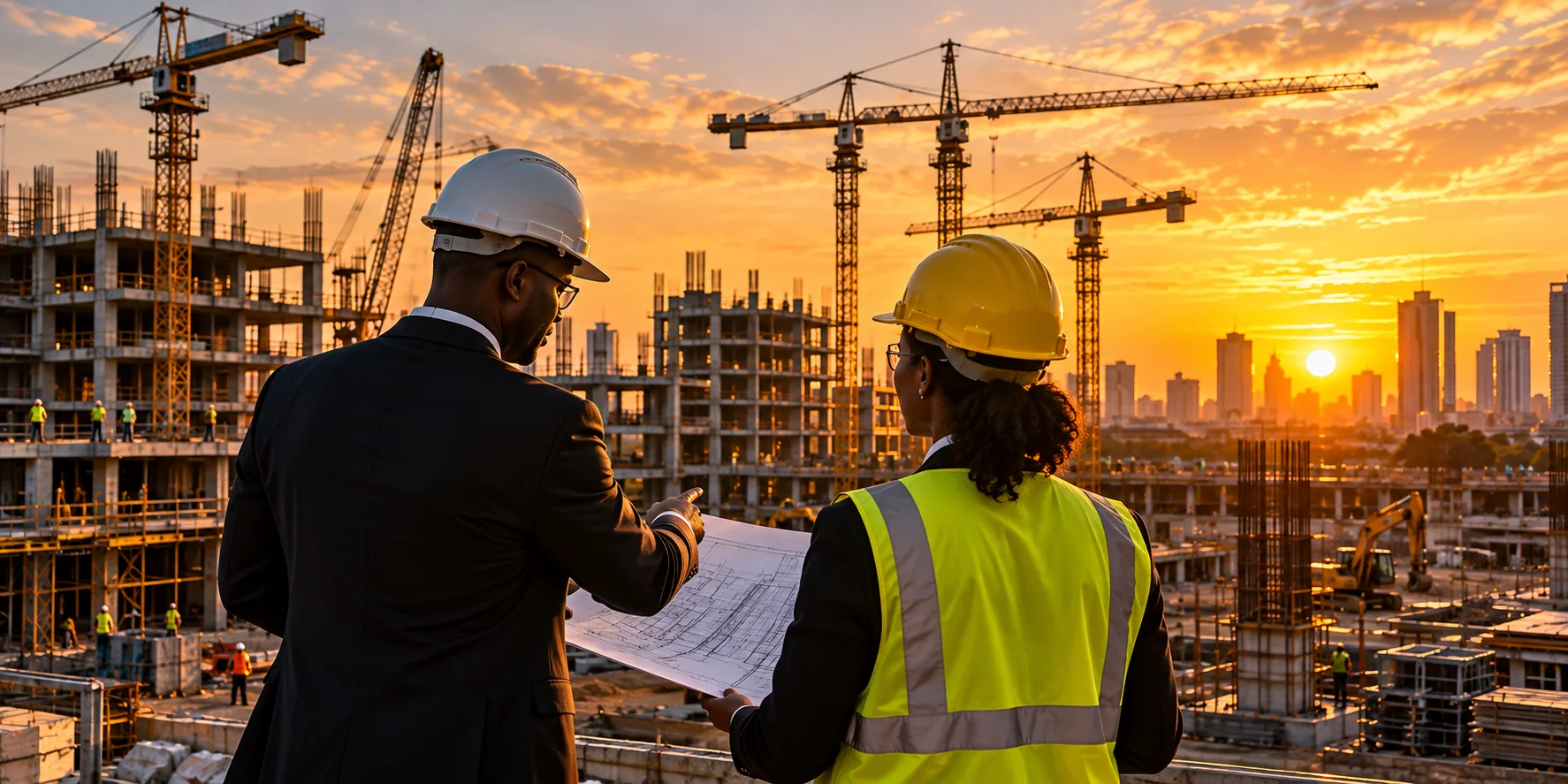 Two project professionals in hard hats reviewing plans at a construction site at sunset