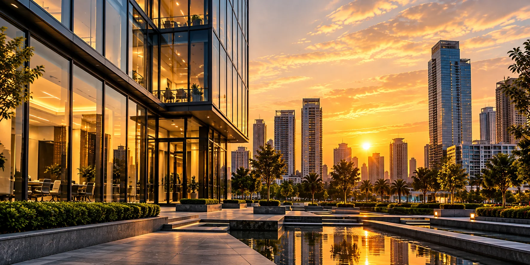 Glass-and-steel commercial building with landscaped grounds at golden hour