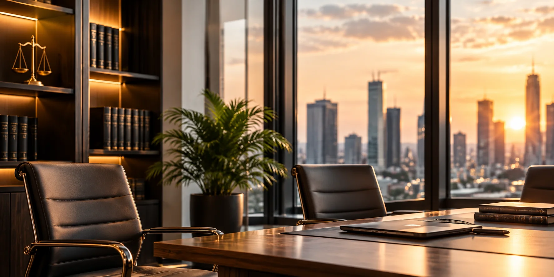 Law office meeting room with leather chairs, bookshelves and a city skyline at sunset